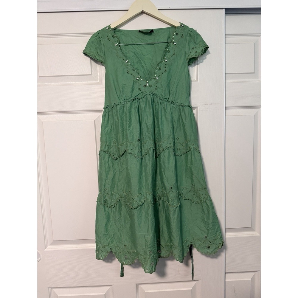 BCBGMaxAzria BCBG Voile Celedon Eyelet Sundress Peasant Bohemian Dress Spring
